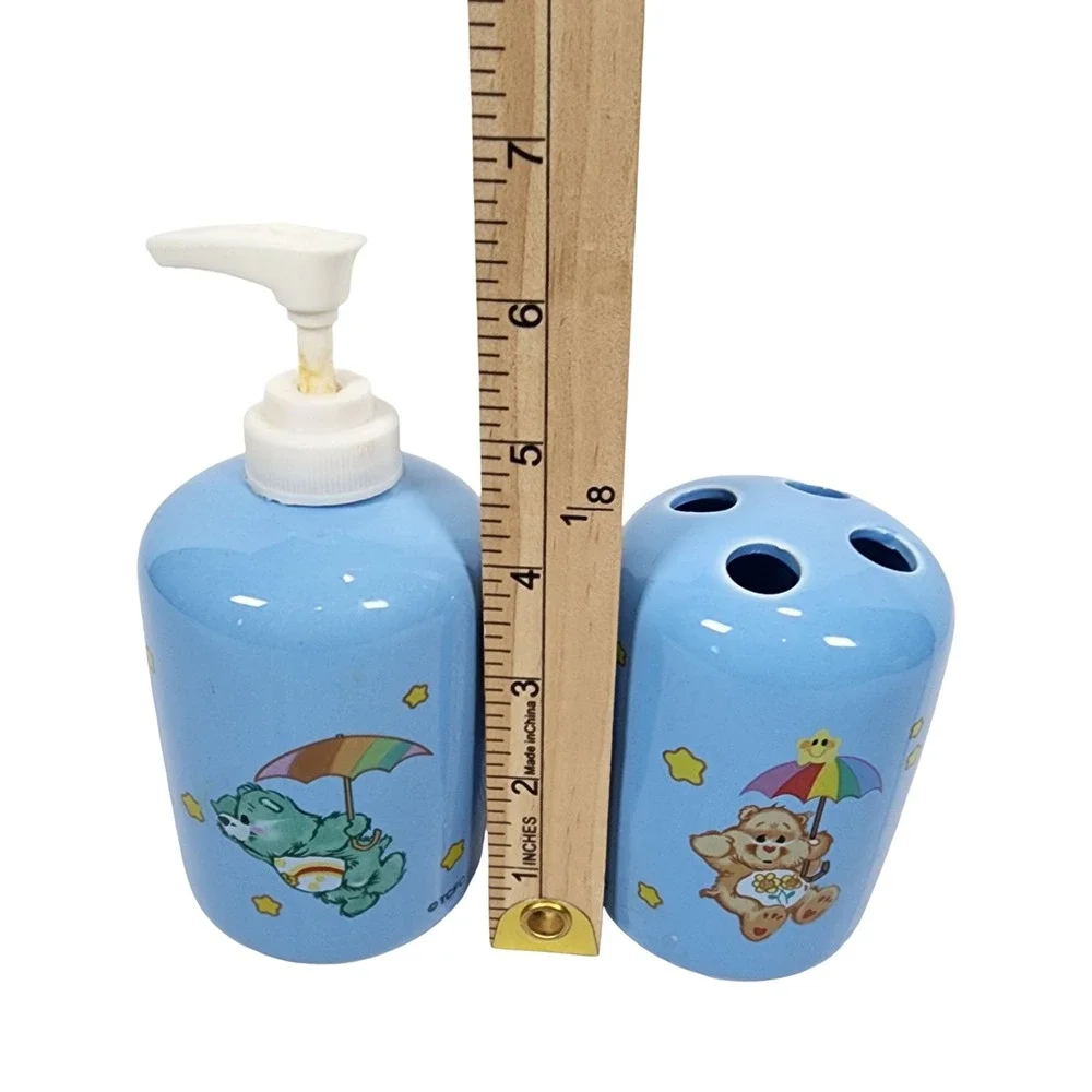Vintage Care Bears Ceramic Soap Dispenser and Toothbrush Holder Set Blue TCFC
